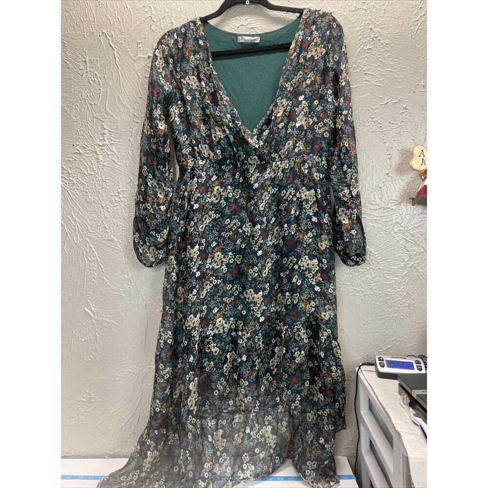 ELENA BALDI V-Neck Empire Floral Hi-low Midi Dress Green Women's Size Small